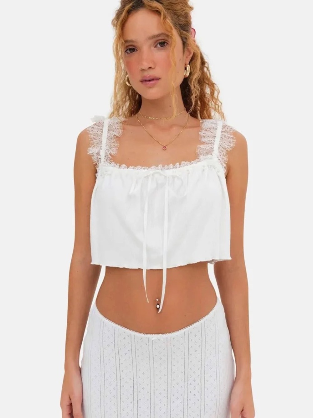 For Love & Lemons Joan Crop Top White Lace-Trim Size Small